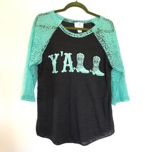 3/4 Teal Lace Sleeves “YALL” Baseball Shirt
